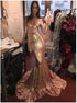 Mermaid Golden Sequins High Neck Long Sleeves Prom Dresses LBQ3783